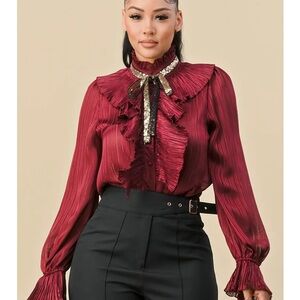Elegant Burgundy Ruffled Sequins Bow Tie Blouse Top S-L